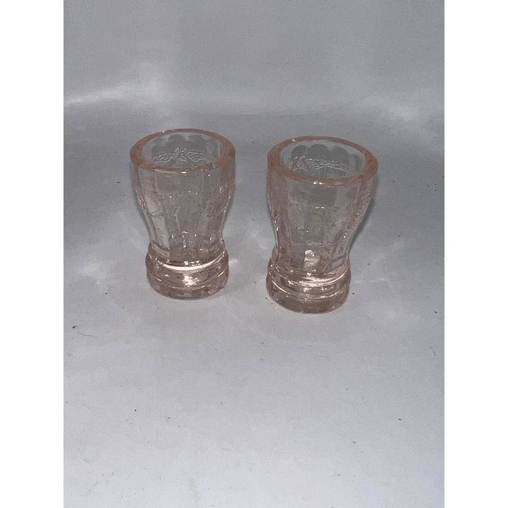 Vintage Pink Depression Glass Pitcher and 2 Glasses Set Etched Swag Tassel Motif